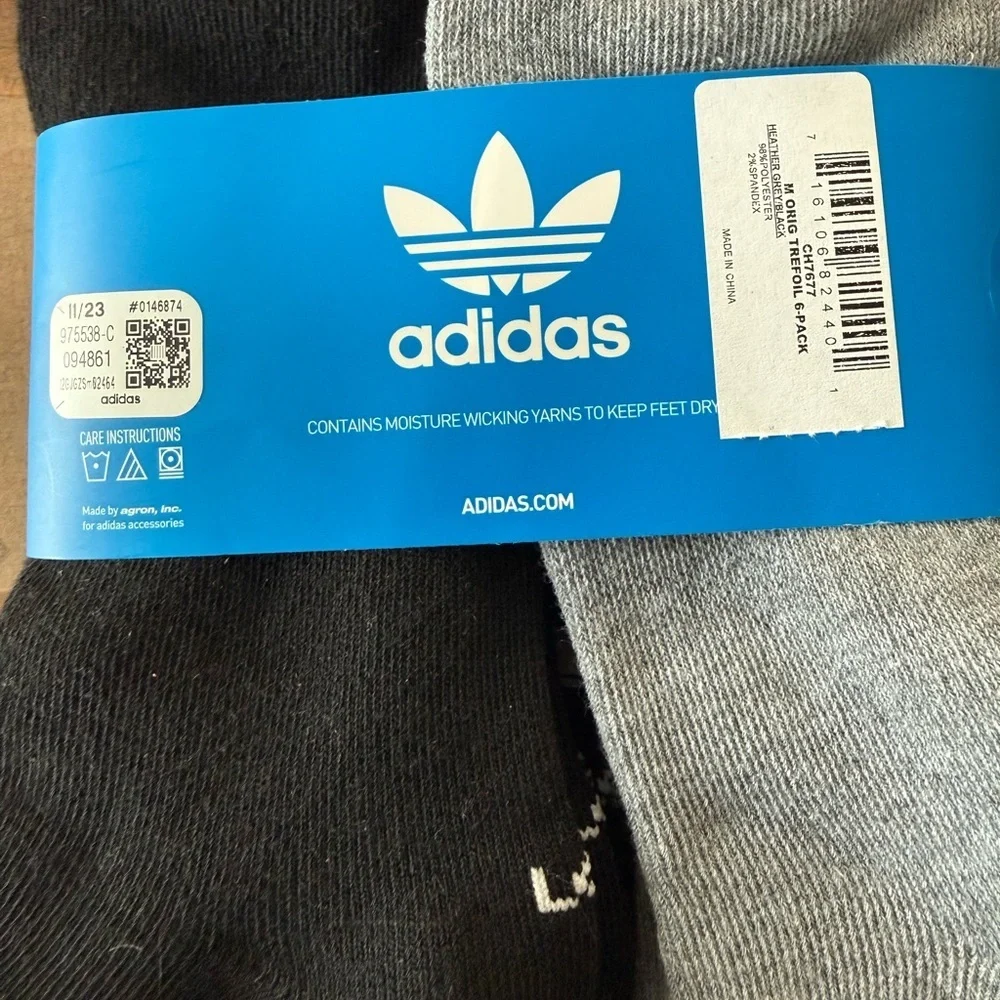 adidas L Black Gray Moisture-Wicking Unisex Quarter Crew Socks 6 Pair